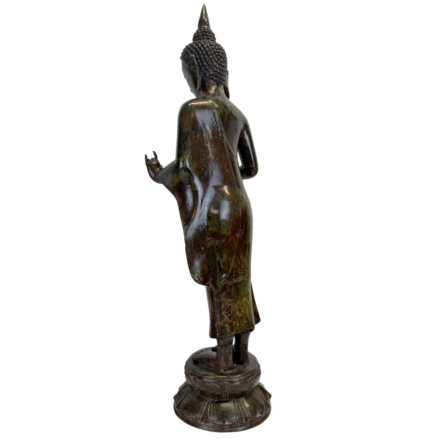 Rückansicht des antiken javanischen Buddha, die die raffinierten Proportionen und die authentische Patina zeigt.