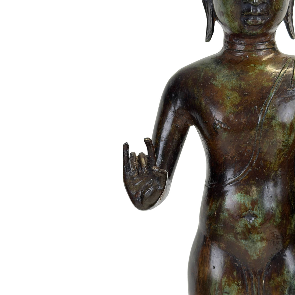 Close-up of the iconographic Double Vitarka Mudra hand gesture, a symbol of wisdom and protection.