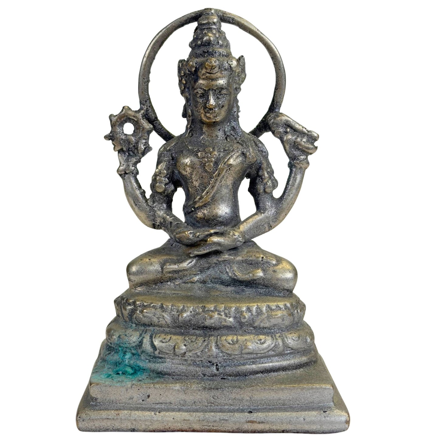 Altjavanische Vishnu-Statue aus Bronze aus Indonesien mit vier Armen, Chakra, Muschel und rundem Heiligenschein