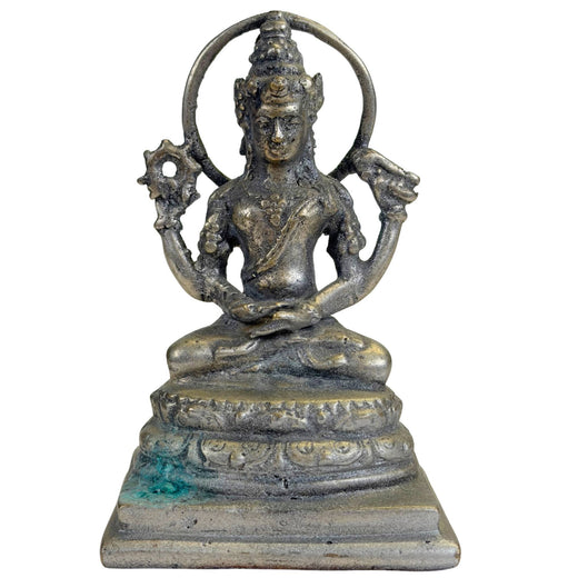 Altes javanisches bronzenes Vishnu-Bild aus Indonesien mit vier Armen, Chakra, Muschel und rundem Heiligenschein