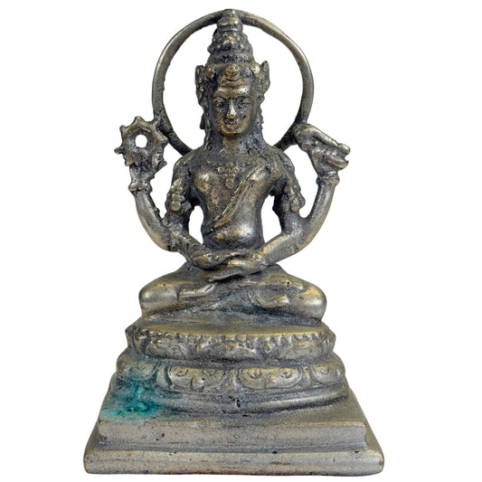 Altjavanische Vishnu-Statue aus Bronze aus Indonesien mit vier Armen, Chakra, Muschel und rundem Heiligenschein