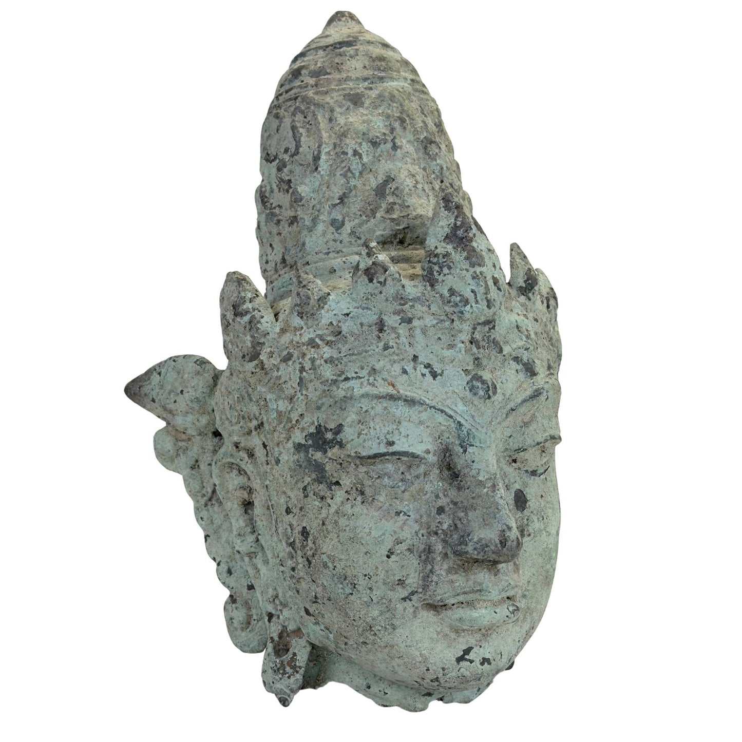 Antikes javanisches Vishnu-Kopffragment mit starker grüner Oxidation und alter Patina