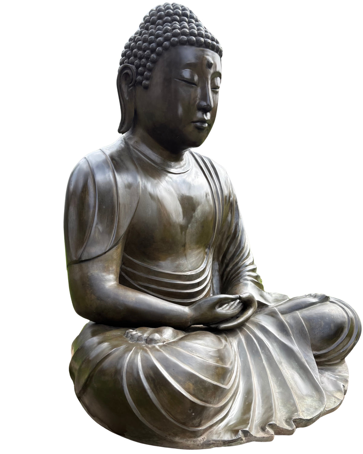 Gesicht von japanischem Kamakura‑Stil Buddha mit alter bronzener Patina