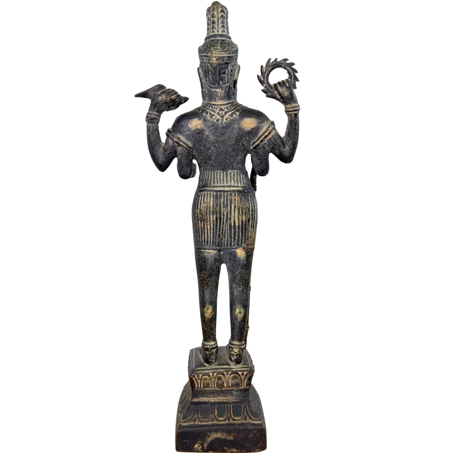Rückansicht der Statue, die die integrierte Gussstruktur und Details der Kleidung zeigt.