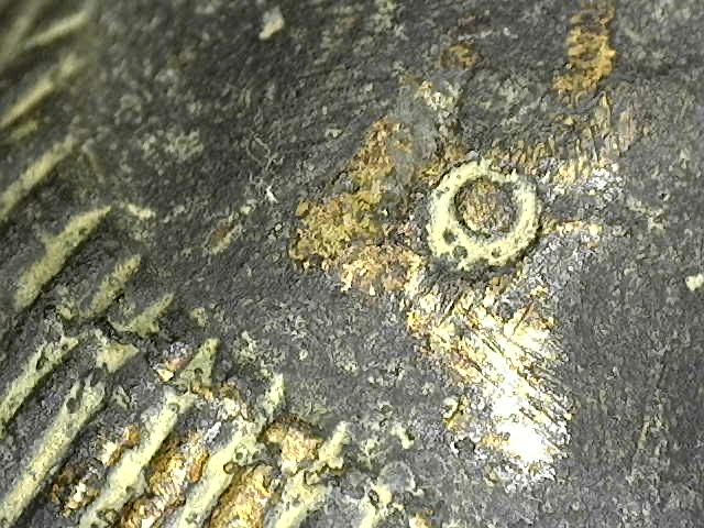 Mikroskopische Detailaufnahme des Nabels im Baphuon-Stil, die den scharfen Guss und die natürliche Mikroporosität der antiken Bronze zeigt.
