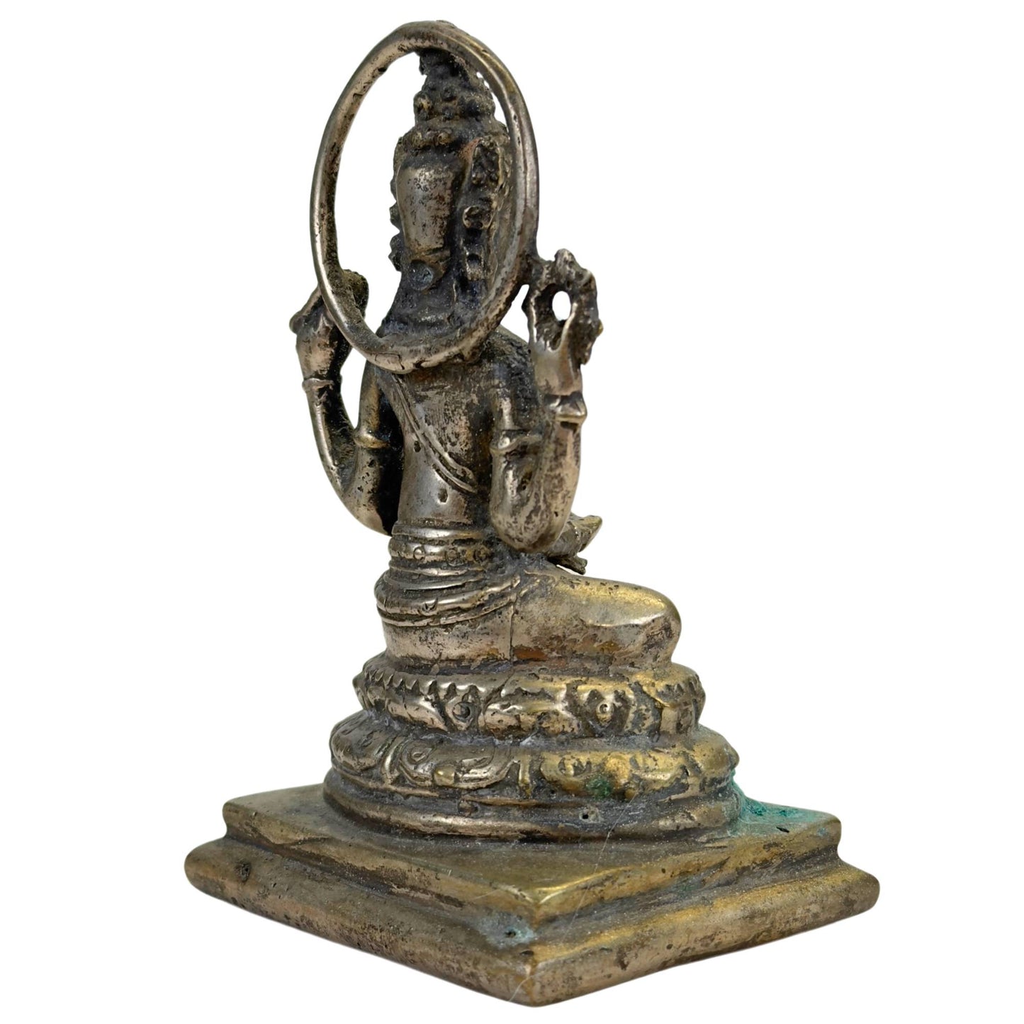 Kleine javanische Vishnu-Altarstatue aus Bronze mit Lotusbasis, quadratischem Sockel und rituellem Erscheinungsbild.