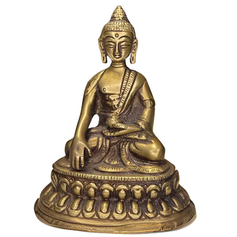 Vorderansicht einer kleinen Shakyamuni-Buddha-Statue aus Messing aus Nepal