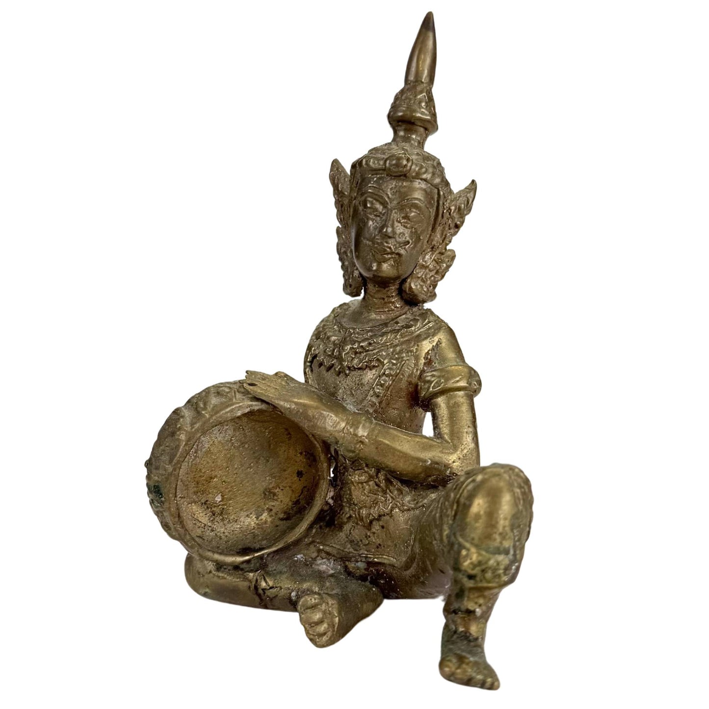 Kleine thailändische Bronzefigur eines Musikers mit traditionellem Instrument