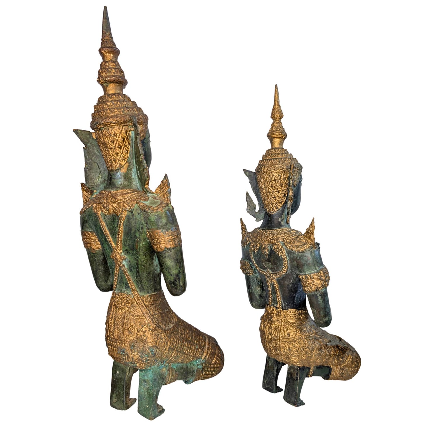 Kniende Tempelwächter aus Bronze aus Thailand mit Gold und Patina