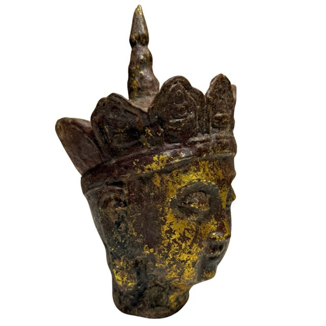 Antiker Kopf des Ksitigarbha Dizang Pusa aus vergoldetem Gusseisen, buddhistischer Tempelkontext