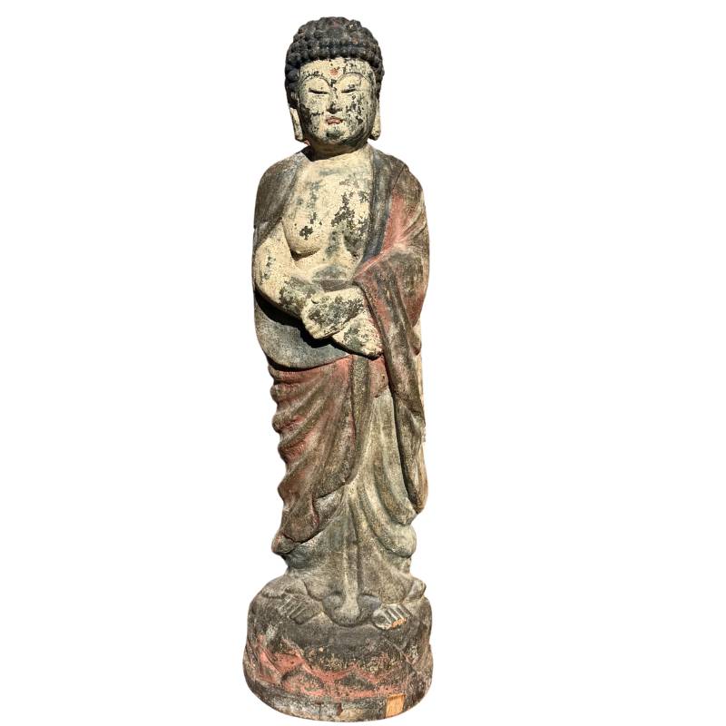 Antike Holz-Guanyin-Statue aus China – Große polychrome Tempelskulptur
