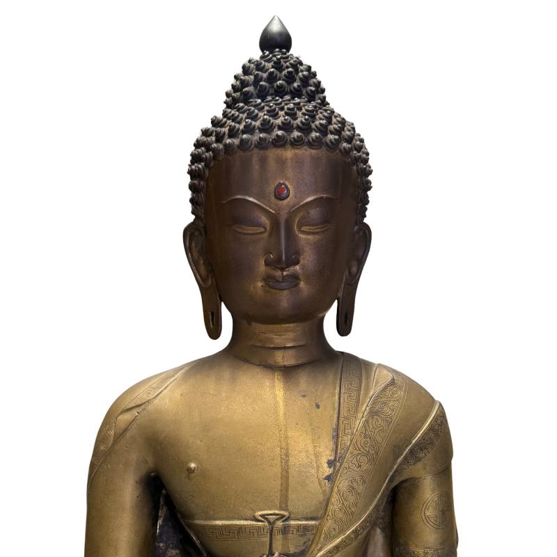 Buddha-Statue aus Ladakh, feuervergoldet, mit originalem Tempelsockel