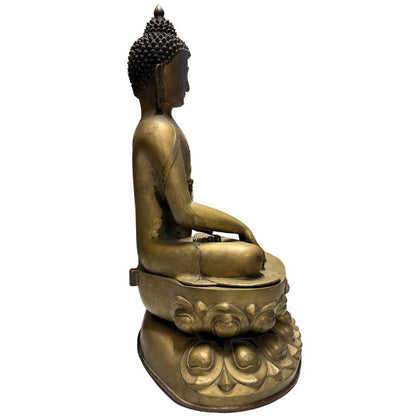 große Tempelstatue Buddha aus Ladakh aus Bronze mit Vergoldungsresten