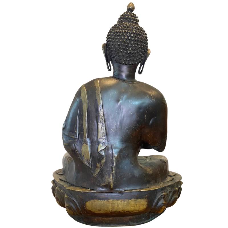 Ladakh-Buddha aus feuervergoldeter Bronze aus dem 18. Jahrhundert mit detailliertem Gesicht und Oberkörper