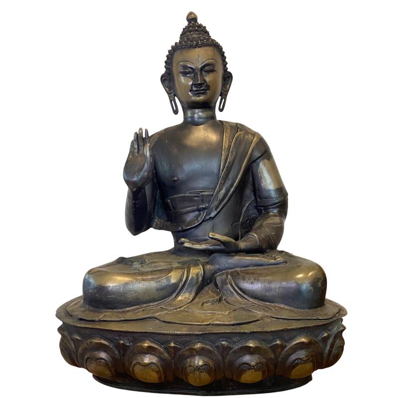 Buddha-Statue aus Ladakh, gefertigt aus feuervergoldeter Bronze aus dem 18. Jahrhundert, sitzend auf einem Lotussockel