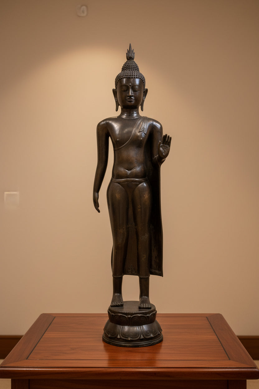 Lebensgroßer wandelnder Buddha aus Bronze im thailändischen Sukhothai-Stil