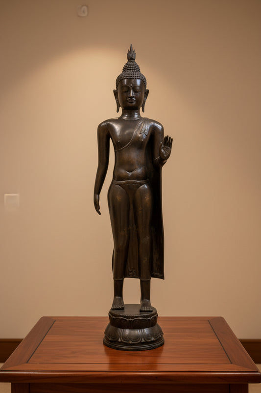 Lebensgroßer wandelnder Buddha aus Bronze im thailändischen Sukhothai-Stil