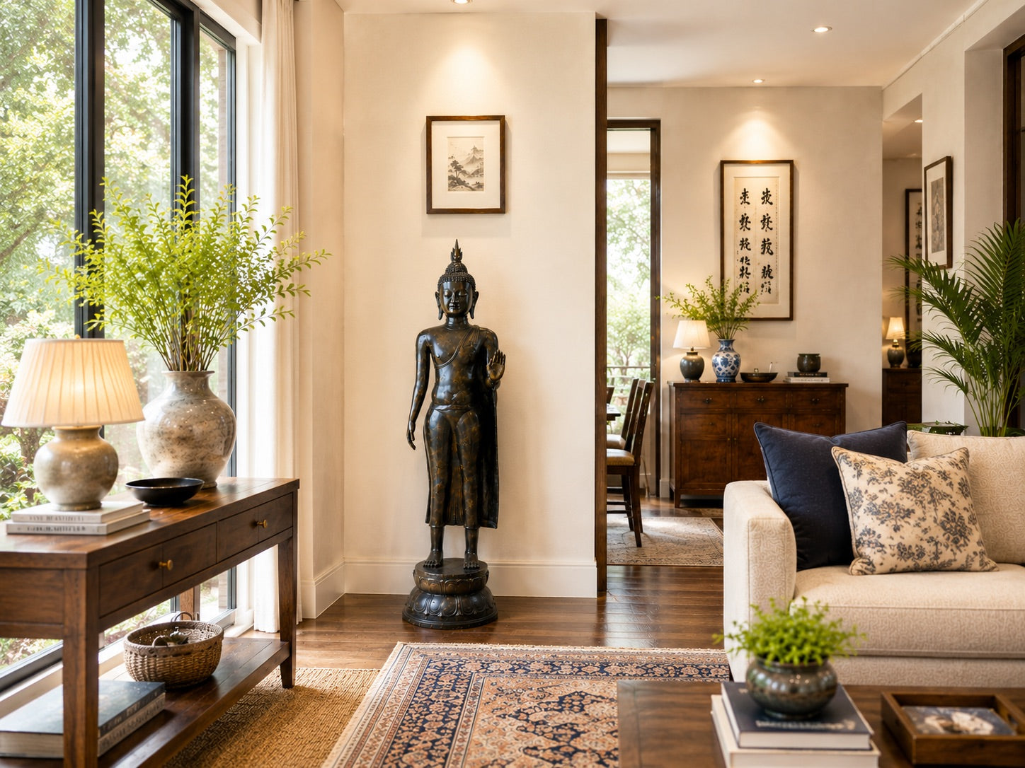 Exklusive wandelnde Buddha-Skulptur aus dunkler Bronze