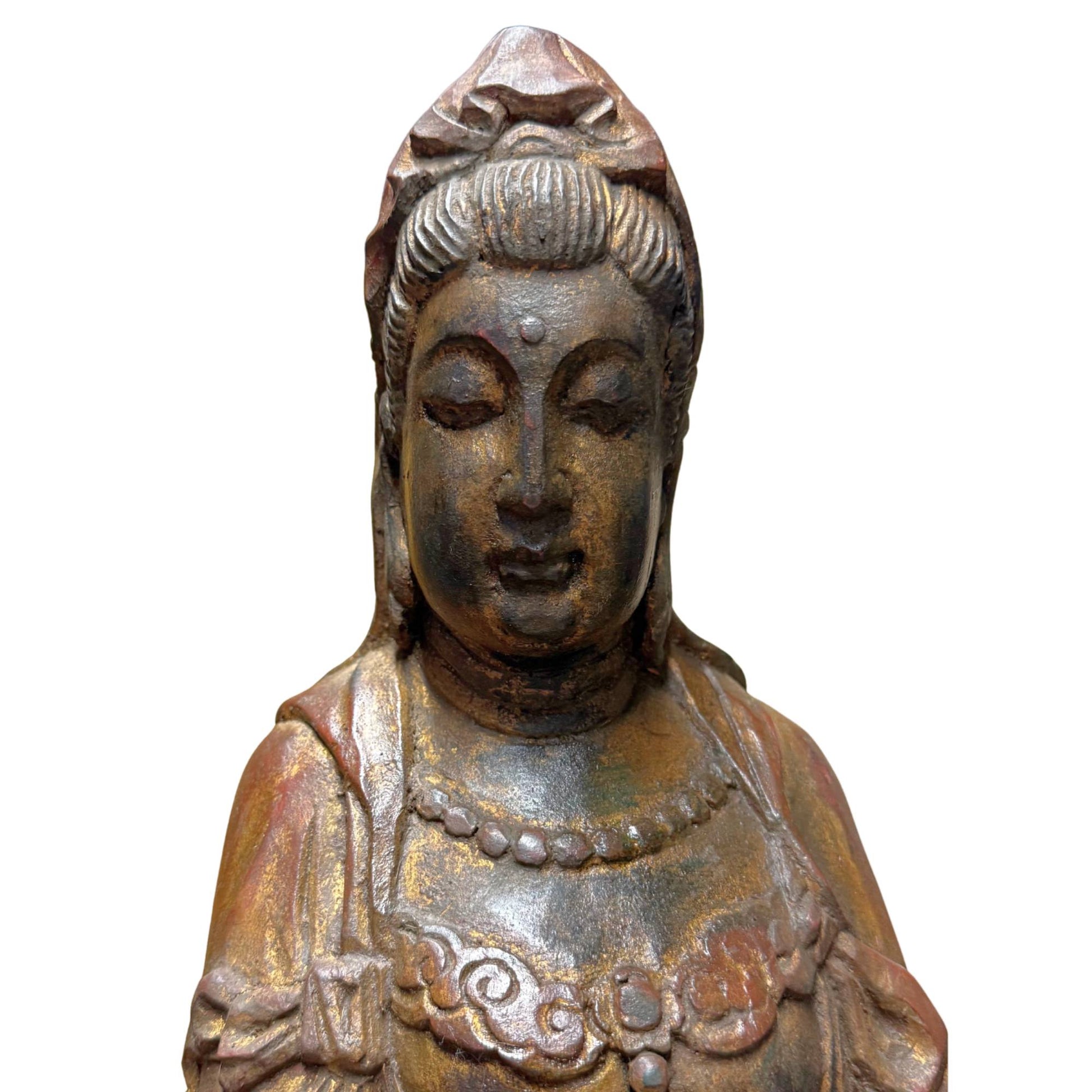 Luxuriöse asiatische antike Kwanyin-Holzstatue, 81 cm, geprüft