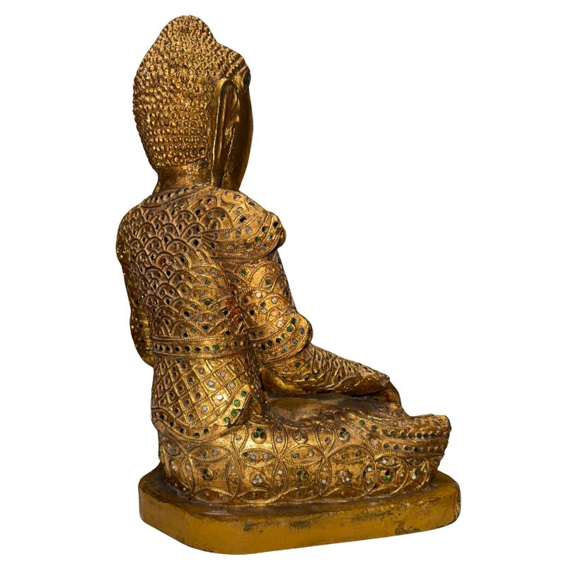 Antike Buddha-Statue aus Holz aus Mandalay mit goldfarbener Vergoldung und dekorativen Details