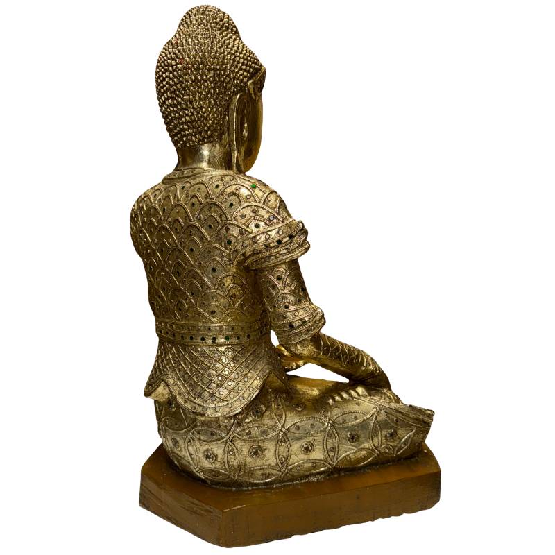 Buddha-Statue aus Mandalay in Bhumisparsha-Mudra mit traditioneller burmesischer Dekoration