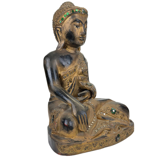 Buddha-Statue aus Holz im Mandalay-Stil mit vergoldeter Oberfläche