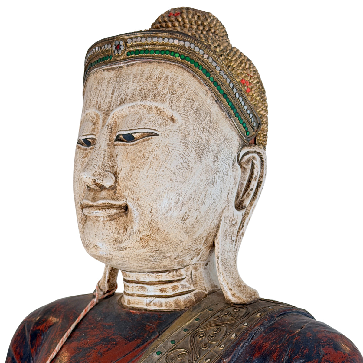 Detail der Teakholzkonstruktion und Lackfassung eines Mandalay-Buddha