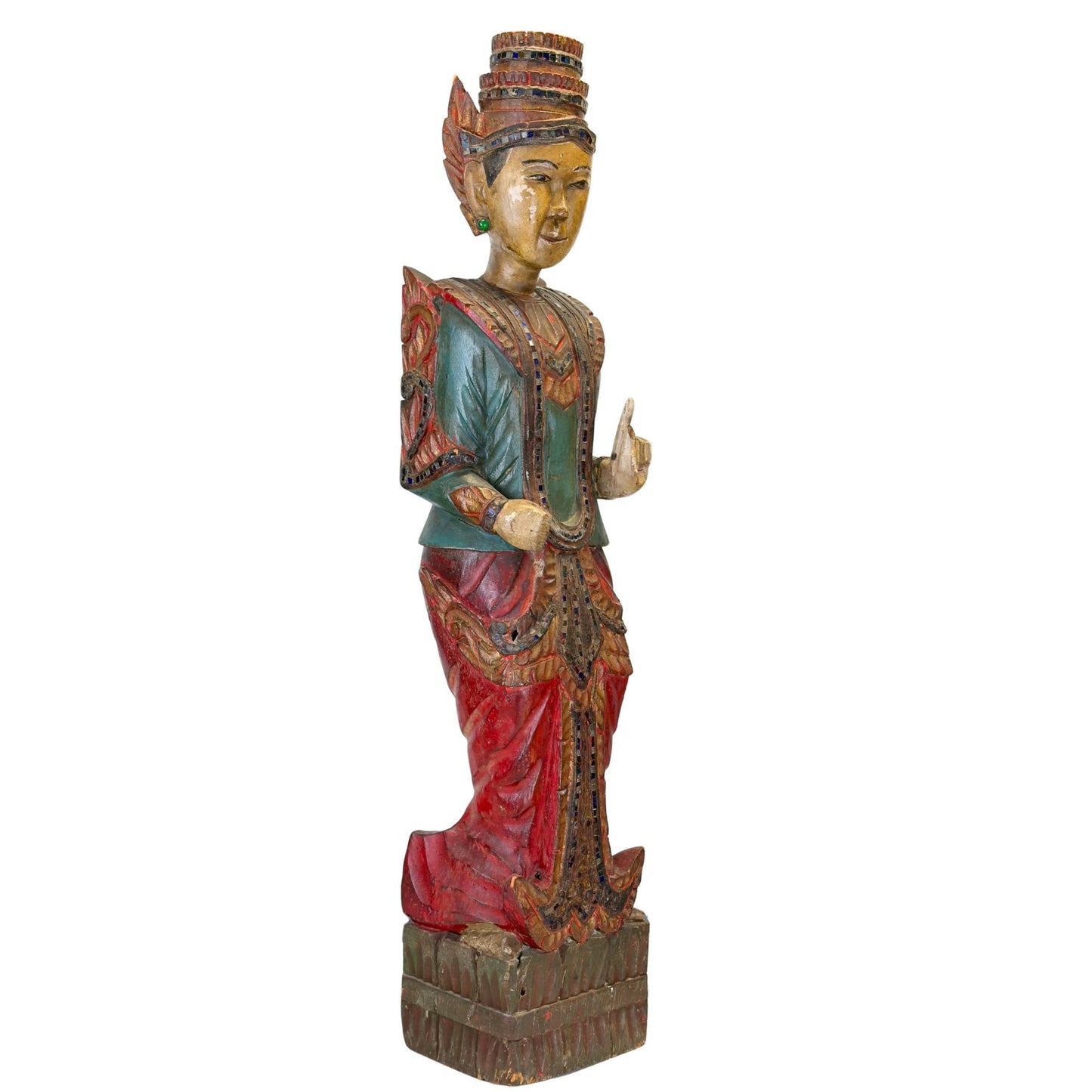 Handgeschnitzte Deva-Figur im traditionellen Mandalay-Stil aus Burma