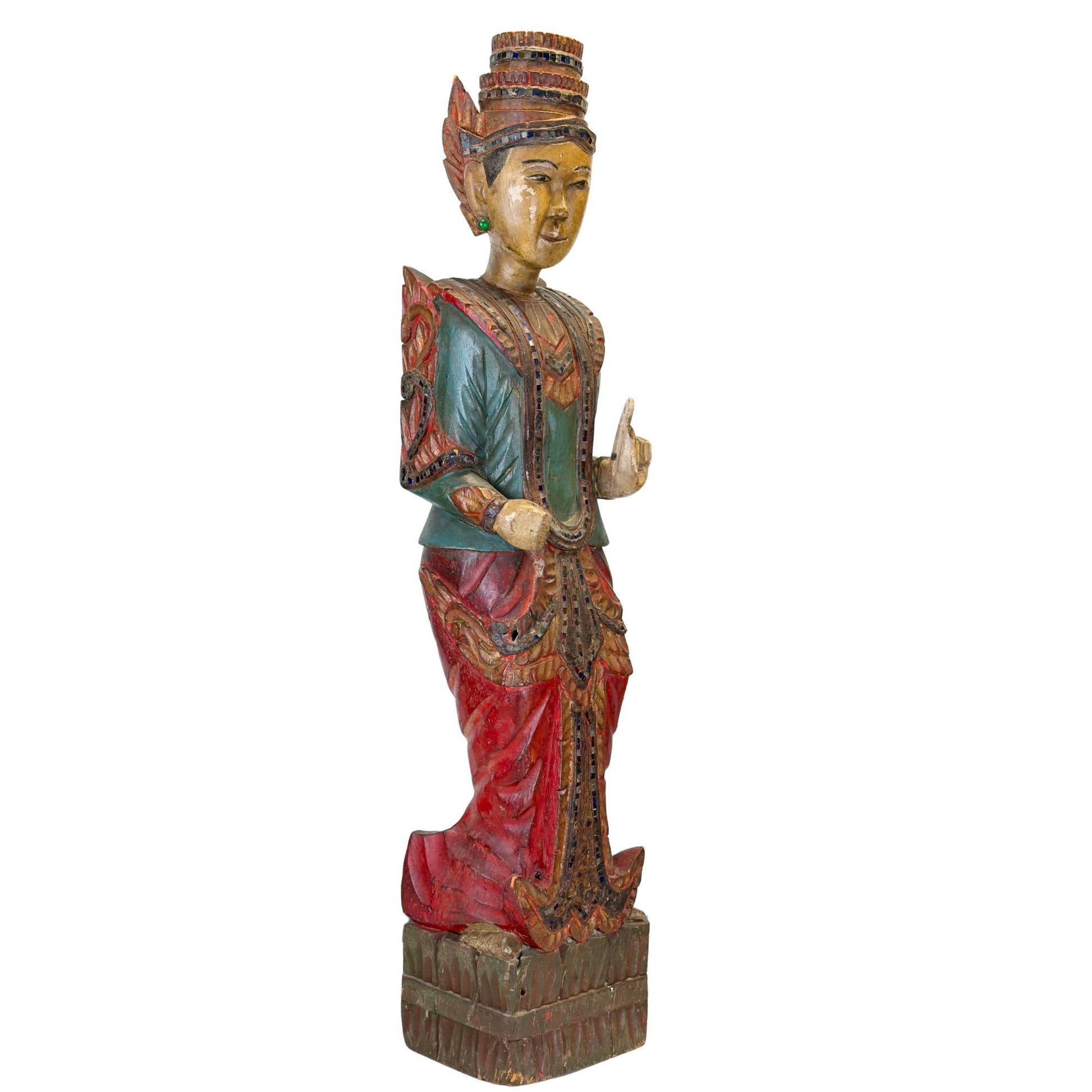 Handgeschnitzte Deva-Figur im traditionellen Mandalay-Stil aus Burma