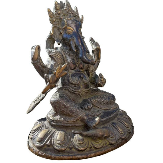 Schwere Ganesha-Statue aus massiver Bronze (2,2 kg) mit feinen Gravuren und Patina.