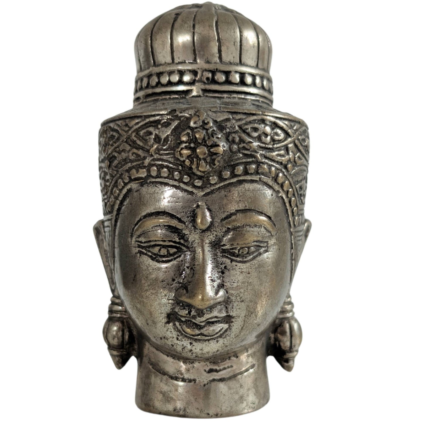 Vorderansicht eines schweren Buddha-Kopfes aus massiver Bronze mit Silberauflage.