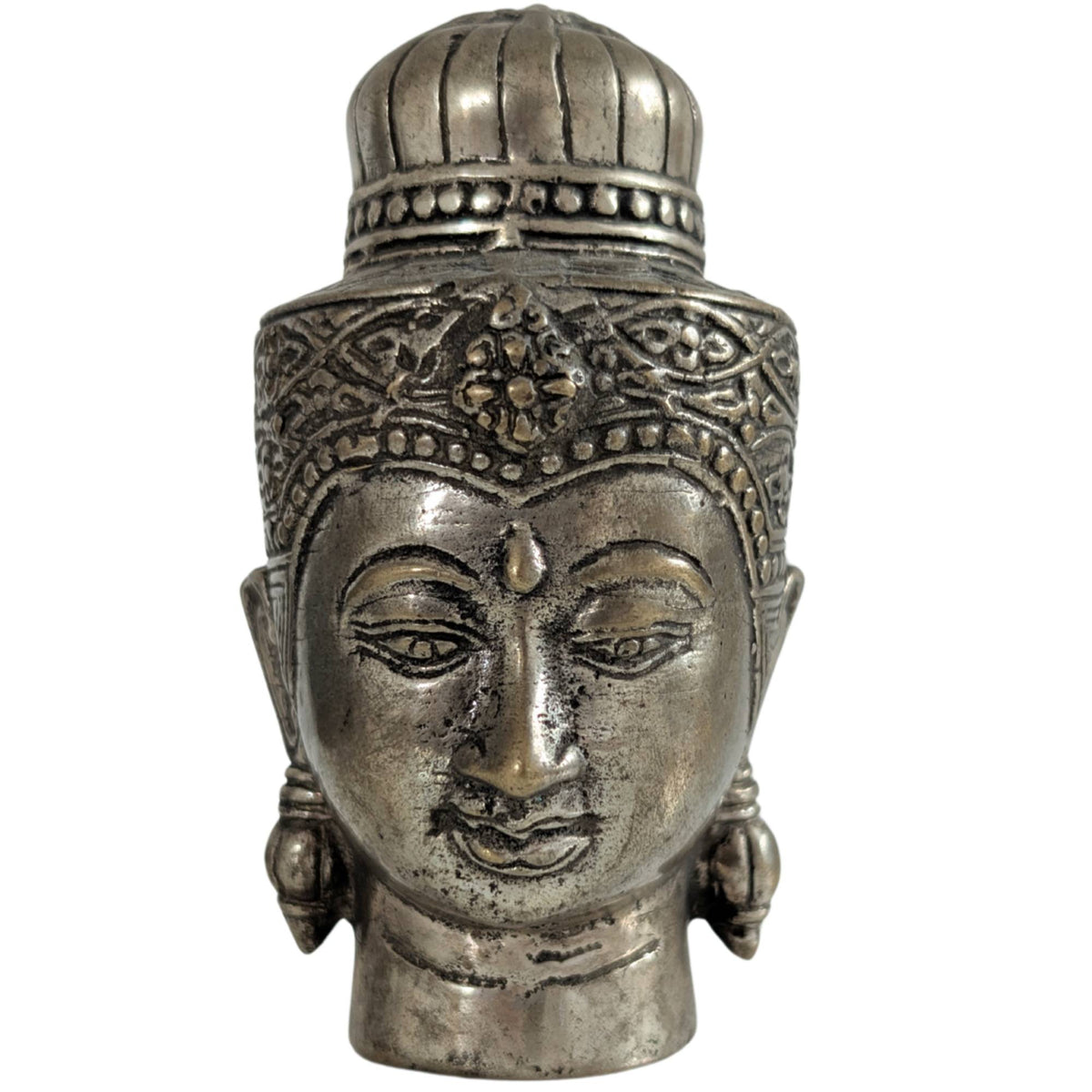 Front view of a heavy solid bronze Buddha head with silver finish.