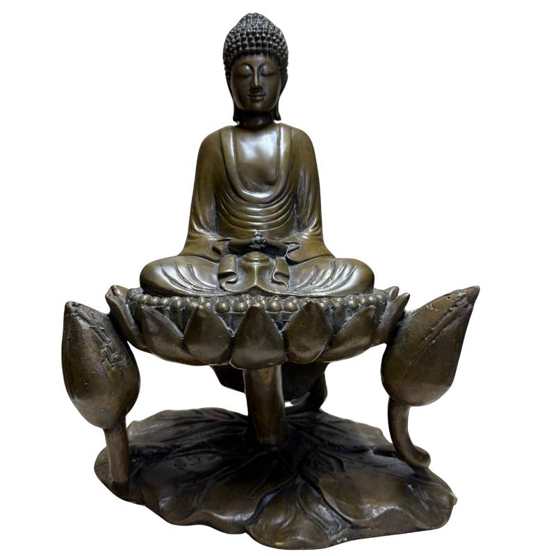 Buddha aus massiver Bronze auf einem Lotussockel als Symbol für Frieden, Meditation und innere Ausgeglichenheit
