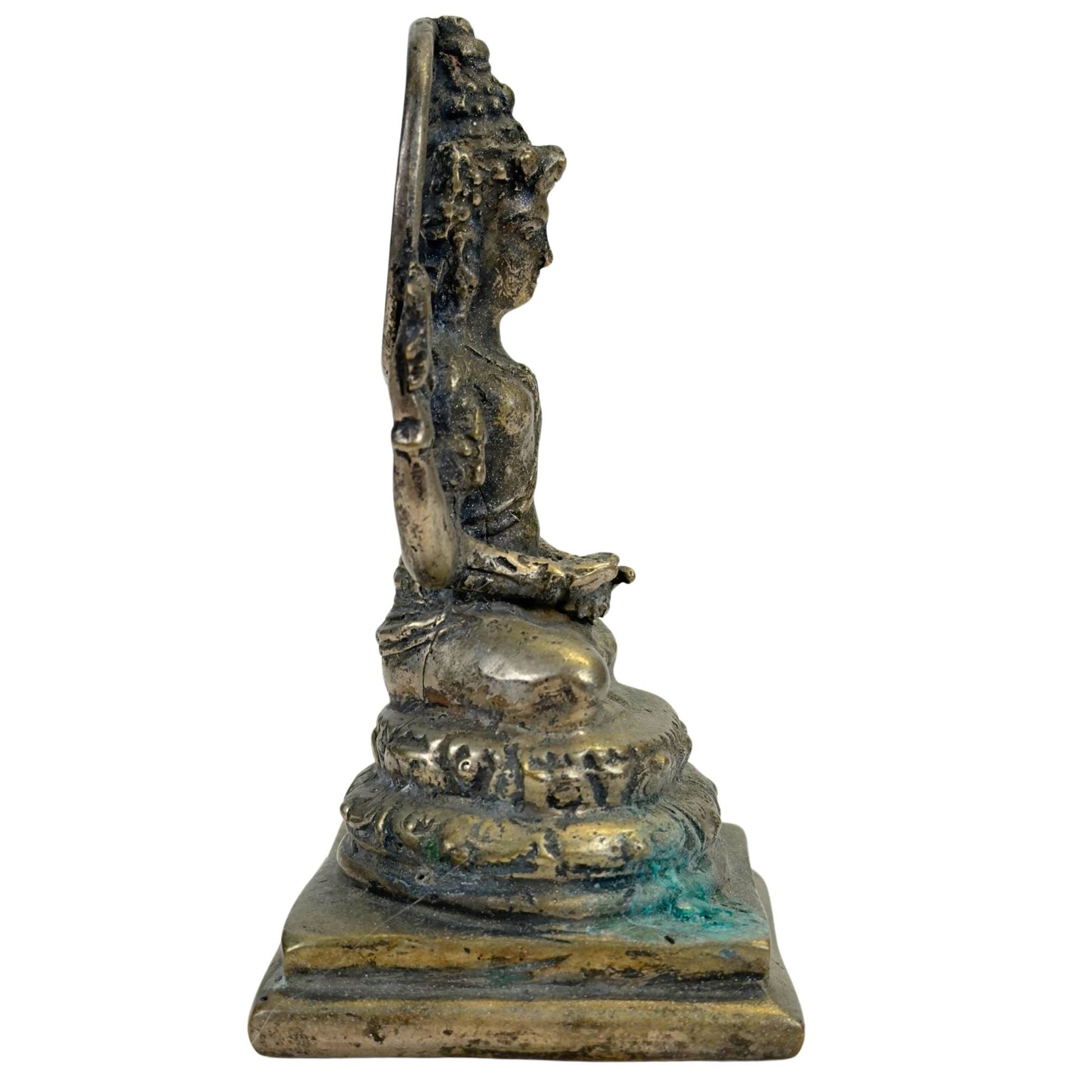 Vishnu-Figur aus massiver Bronze im javanischen Stil mit dunkler Patina und silbergrauem Metallglanz
