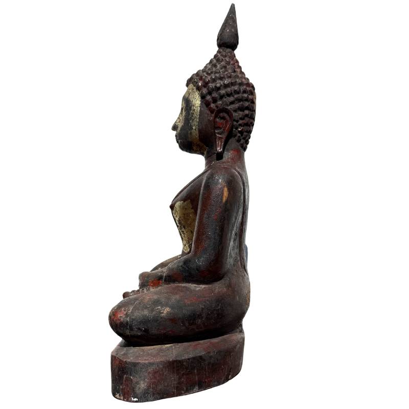 Buddha aus massivem Teakholz mit Blattgoldpatina.