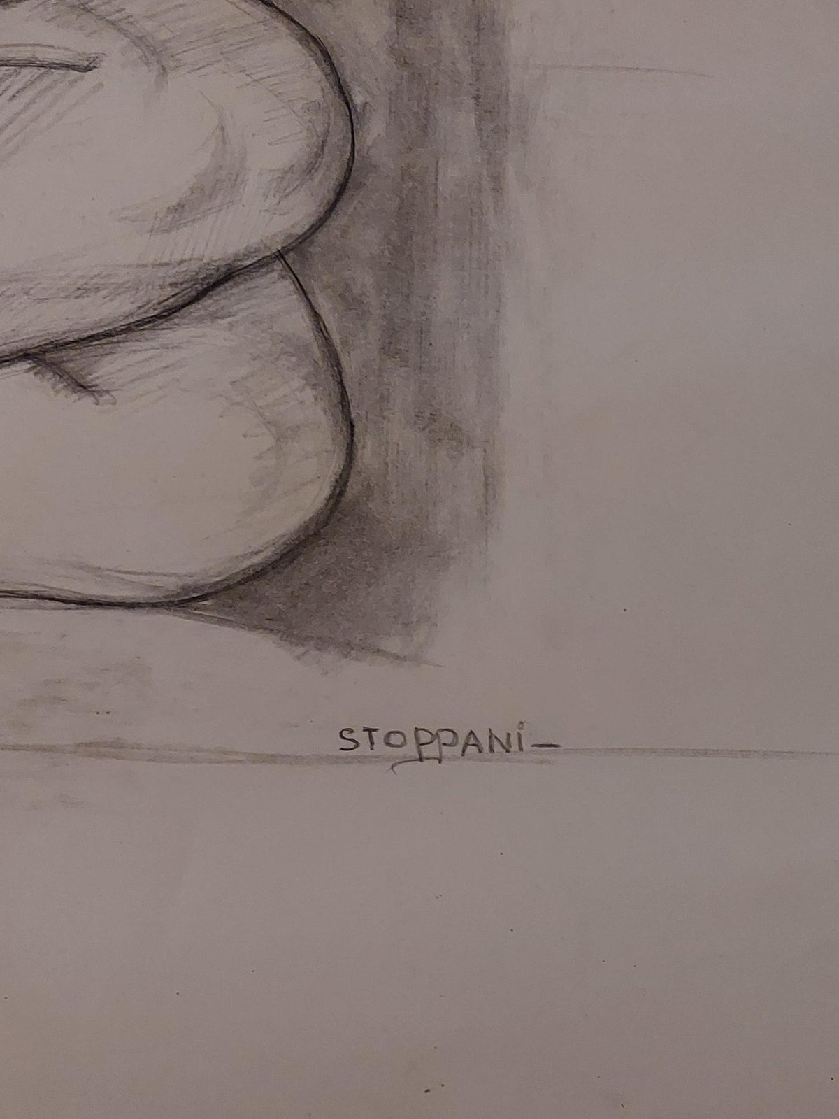 Detail der Unterschrift des Künstlers Maurice Stoppani auf dem Papier.