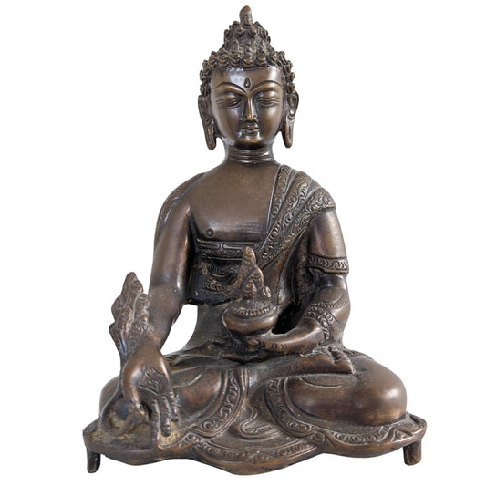 Vorderansicht einer 23 cm hohen, massiven Medizinbuddha-Statue aus Bronze aus Nepal.