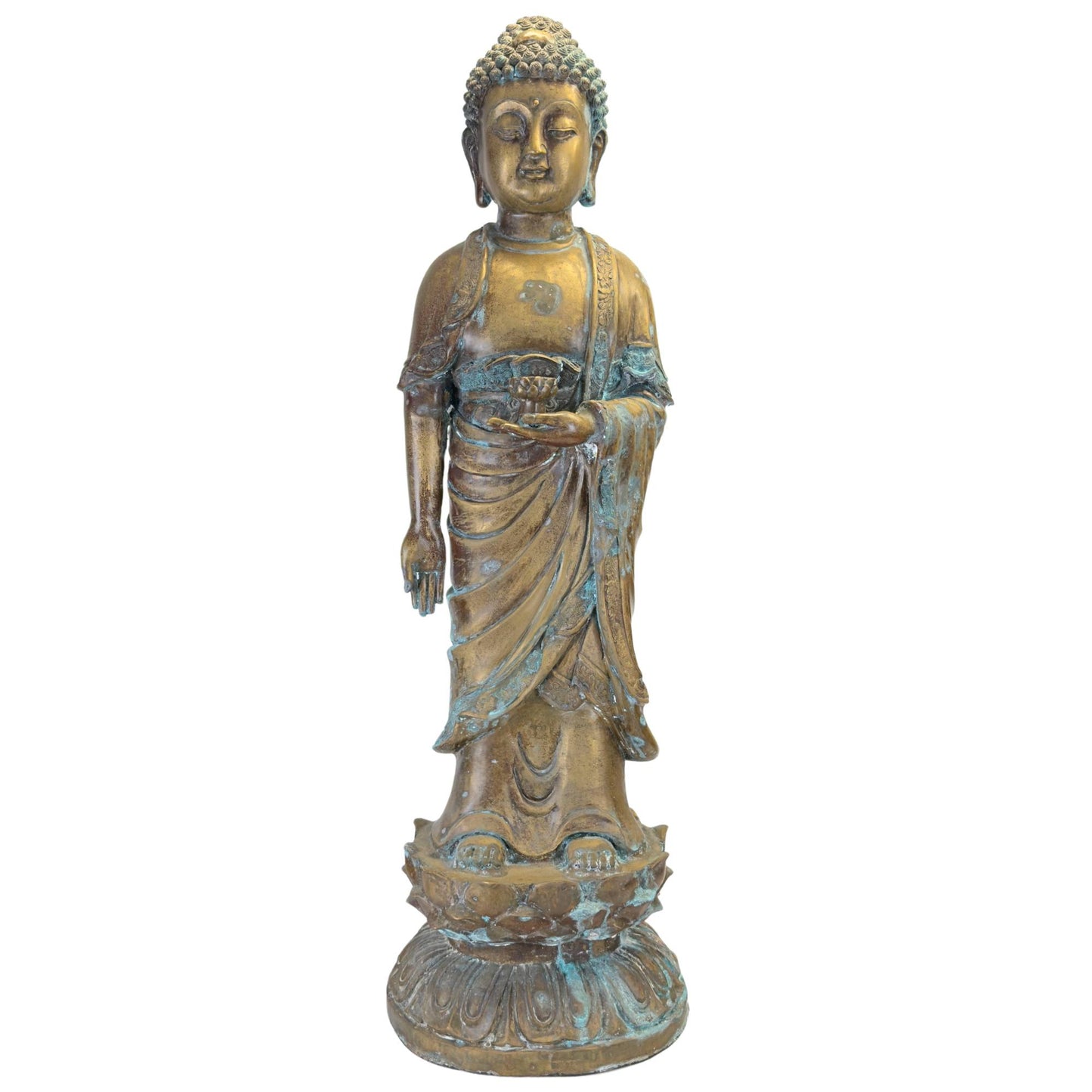 Stehender Medizinbuddha aus Bronze aus China mit natürlicher Patina auf einem Lotusthron.