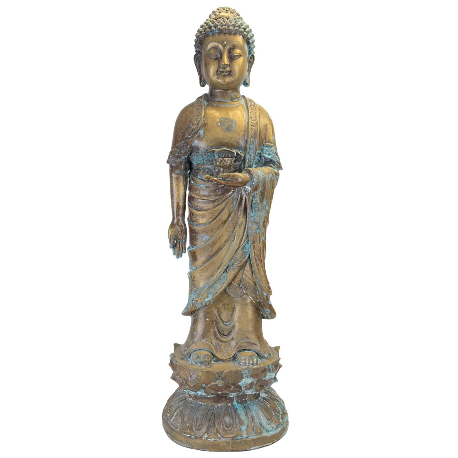 Stehender Medizinbuddha aus Bronze aus China mit natürlicher Patina auf einem Lotusthron.