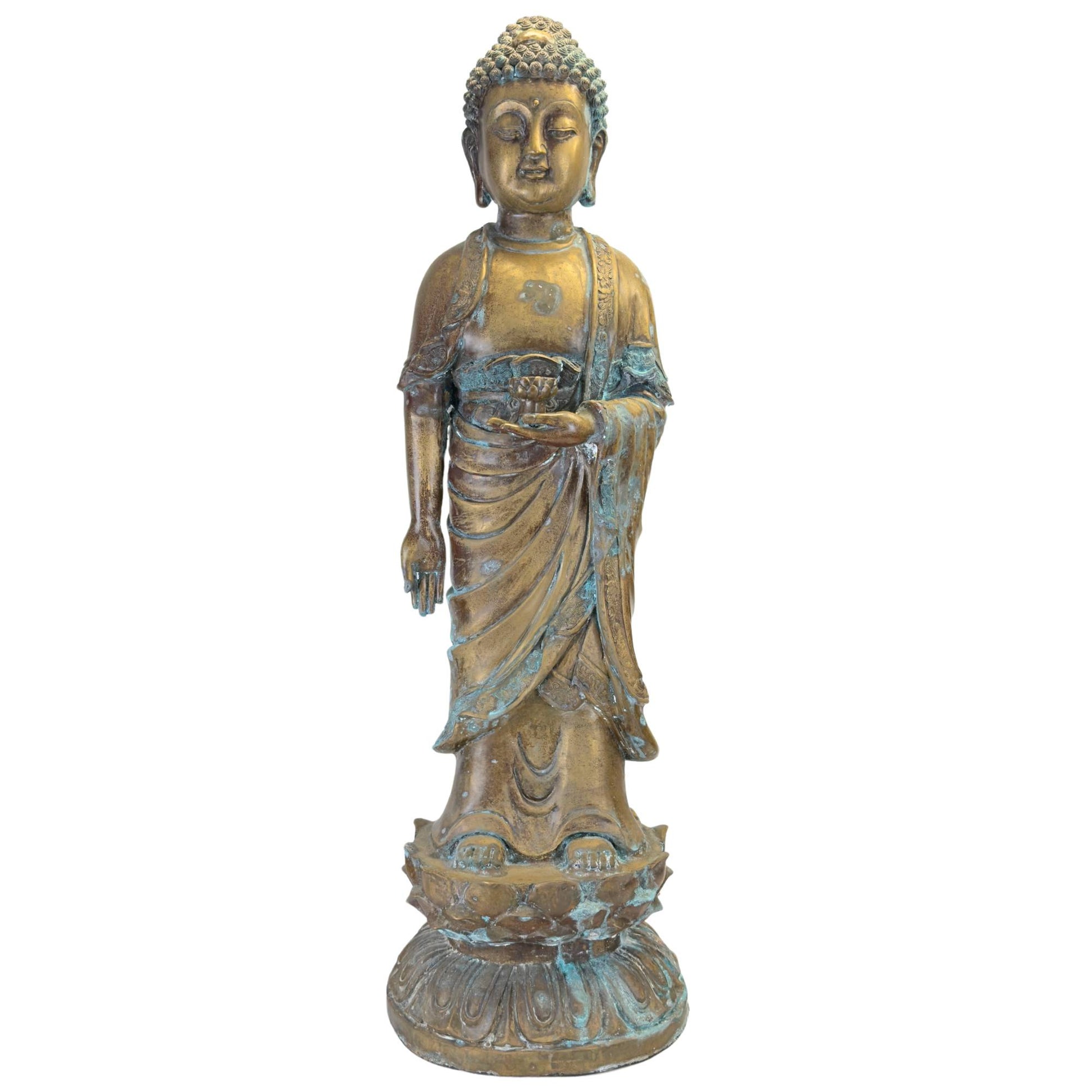 Stehender Medizinbuddha aus Bronze aus China mit natürlicher Patina auf einem Lotusthron.