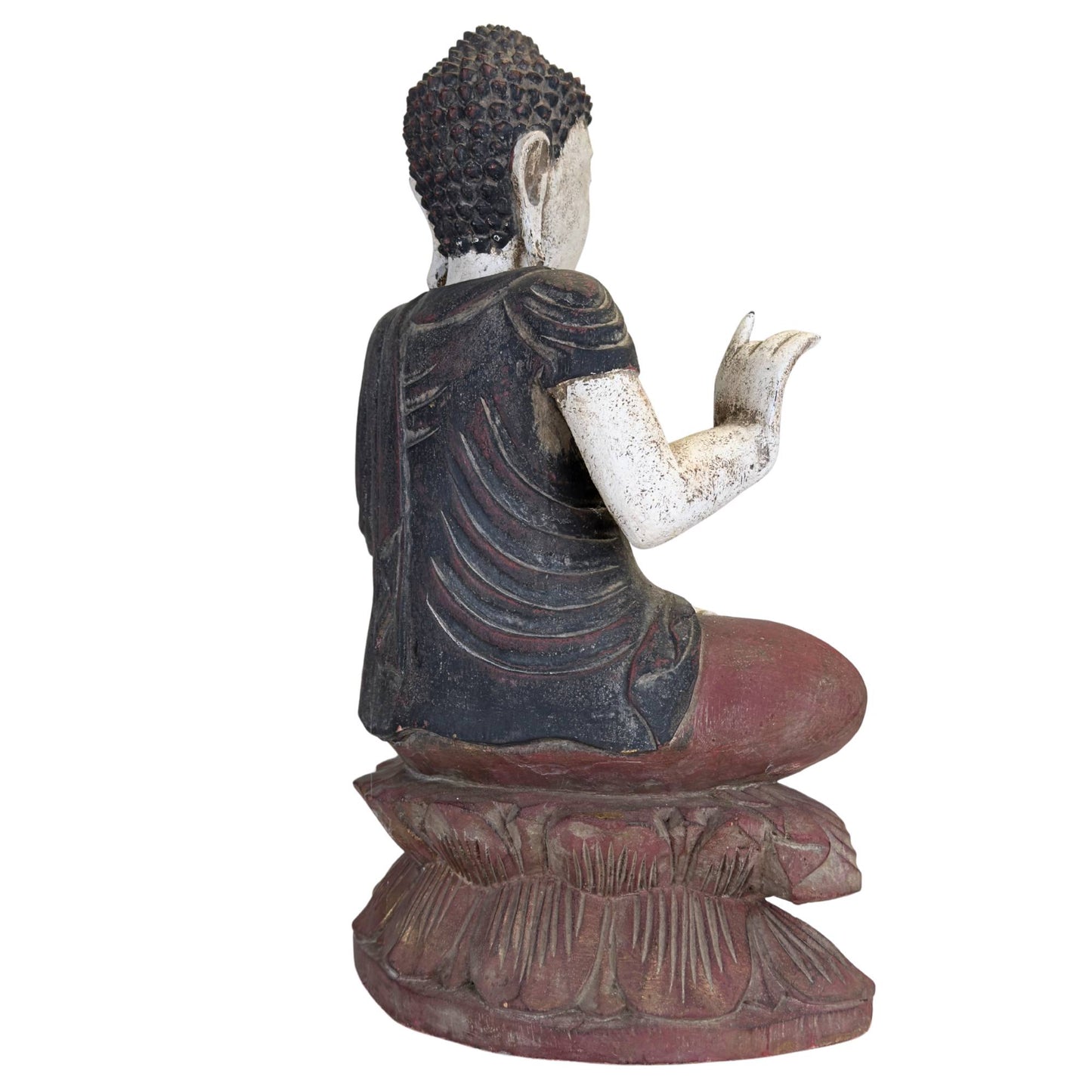 Hölzerne Medizin-Buddha-Statue mit alter Patina, abgenutzter Farbe und einem verwitterten, spirituellen Erscheinungsbild.