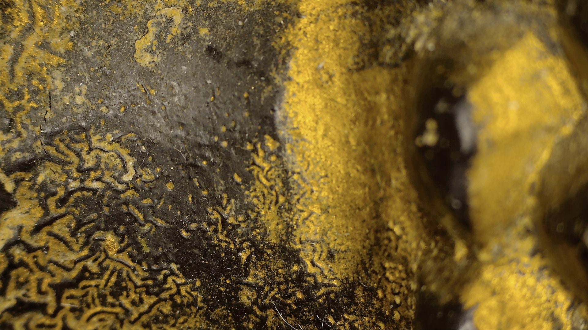 Mikroskopdetail von Craquelé und Vergoldung auf der burmesischen Figur