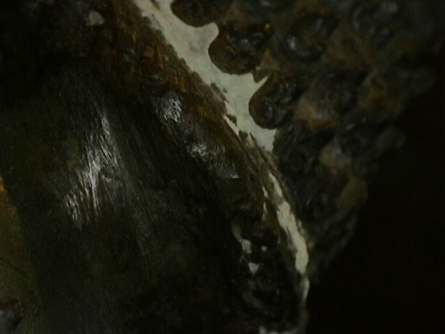 Mikroskopische Aufnahme des Korrosionsmusters an einer antiken thailändischen Bronzeskulptur