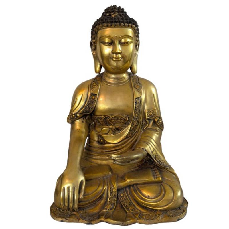 Vorderansicht einer schweren, feuervergoldeten Buddha-Statue aus Bronze im Ming-Stil.