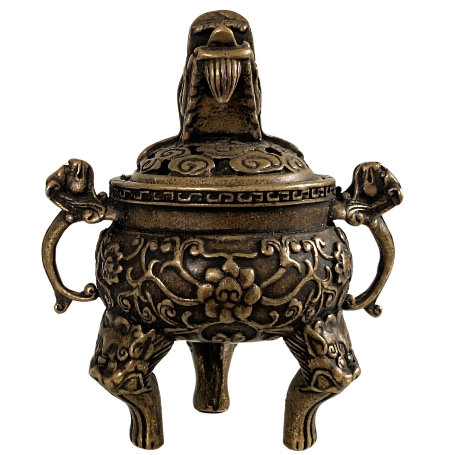Miniatur-Räuchergefäß aus chinesischer Bronze mit Drachenkopf auf dem Deckel von 1stbuddha.