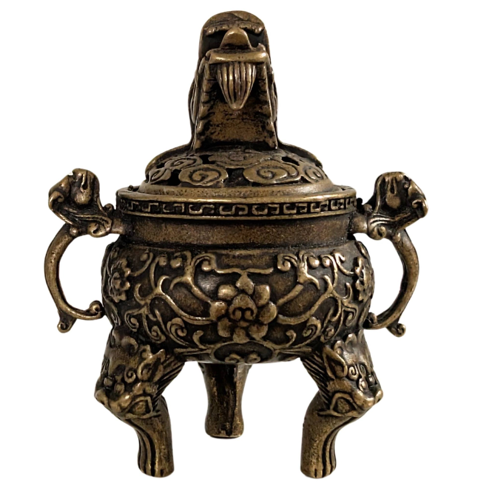 Miniatur-Räuchergefäß aus chinesischer Bronze mit Drachenkopf auf dem Deckel von 1stbuddha.