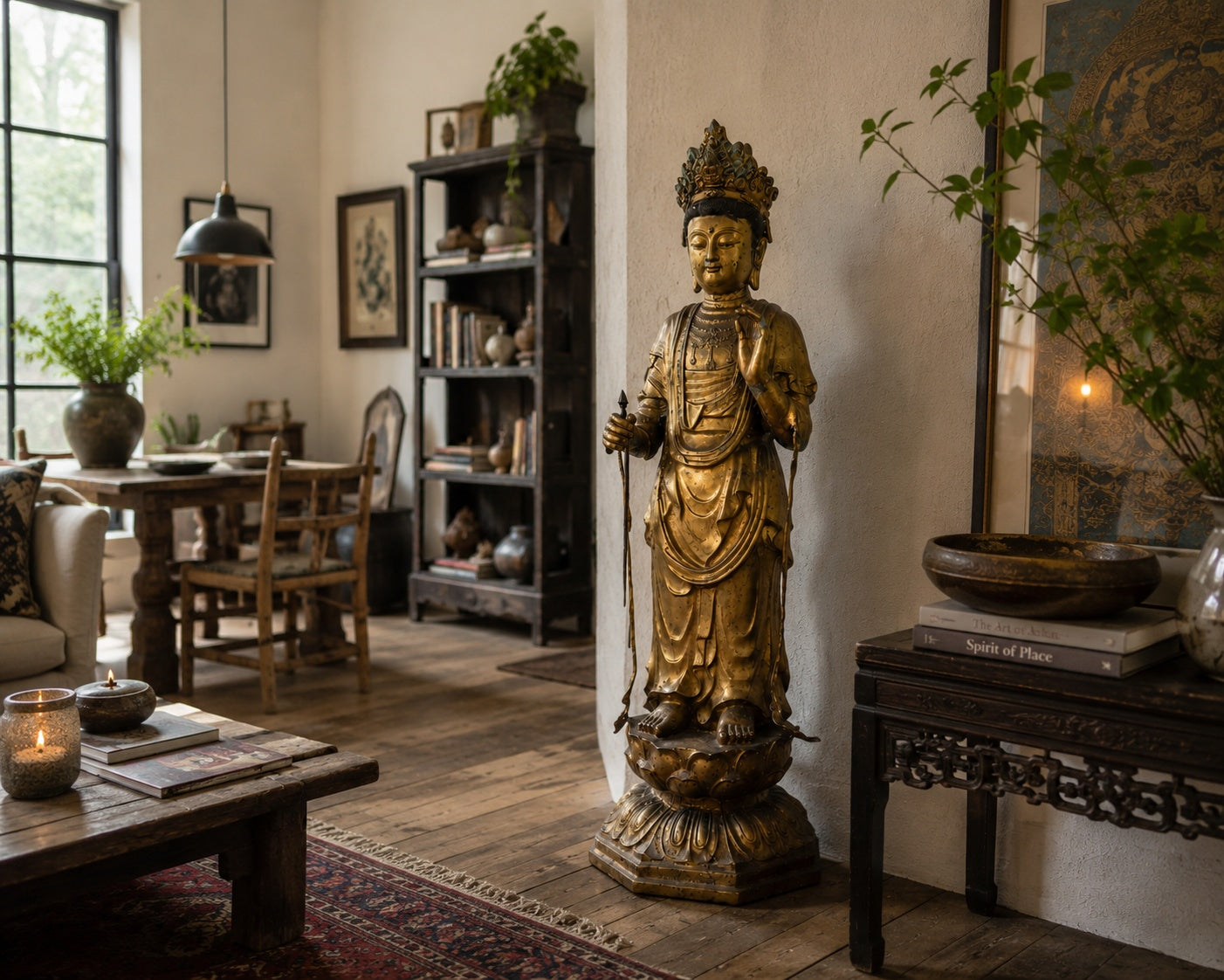 Minimalistisch-luxuriöses Interieur mit Konsolentisch und Vase, entworfen als idealer Rahmen für die Platzierung des monumentalen, 113 cm großen japanischen Bronze-Meisterwerks.