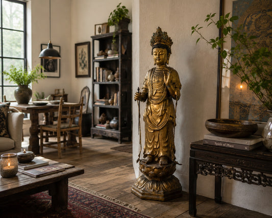 Minimalistisch-luxuriöses Interieur mit Konsolentisch und Vase, entworfen als idealer Rahmen für die Platzierung des monumentalen, 113 cm großen japanischen Bronze-Meisterwerks.
