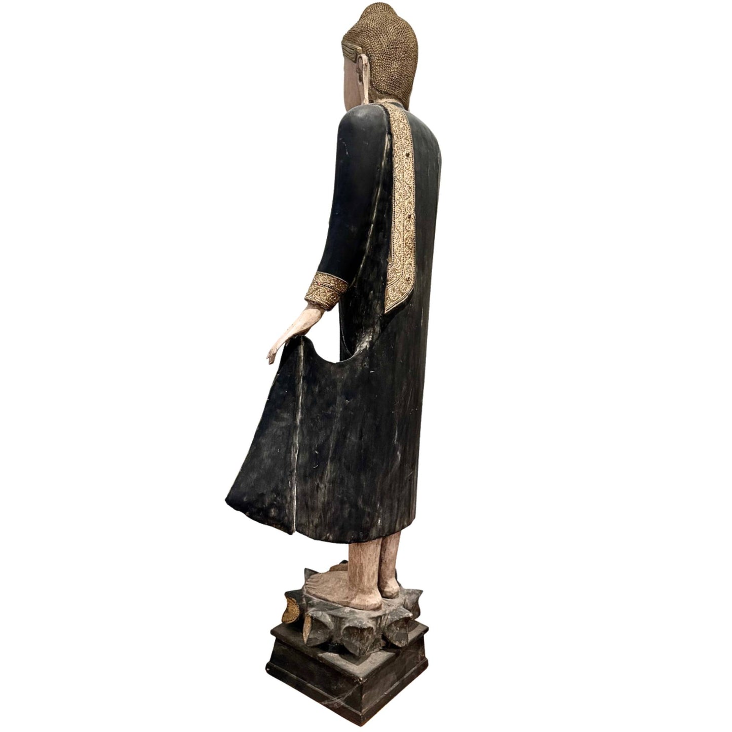 Monumentale Buddha-Statue aus Myanmar, antiker stehender Buddha von 190 cm Höhe mit gelassenem Gesichtsausdruck