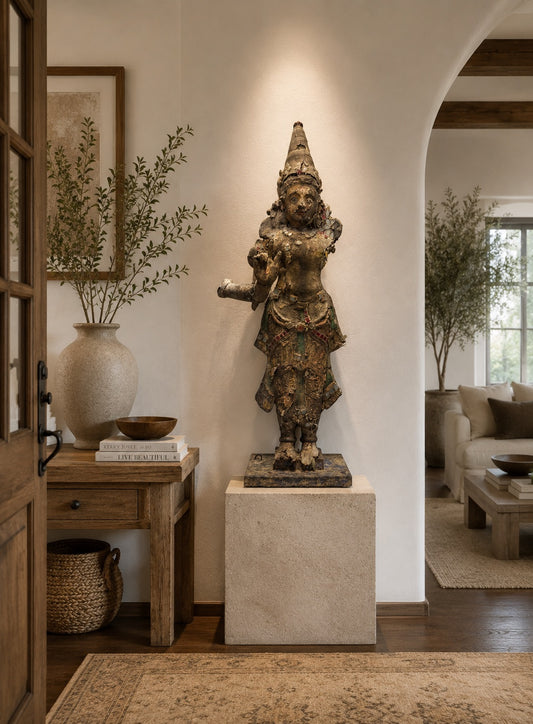 Monumentale hölzerne Krishna-Statue mit alter Polychromie, Glasverzierungen und dem Erscheinungsbild eines verwitterten Tempels